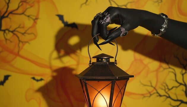 Black-gloved hand holding a vintage lantern against a yellow Halloween-themed background with bats and swirling patterns, creating a spooky atmosphere