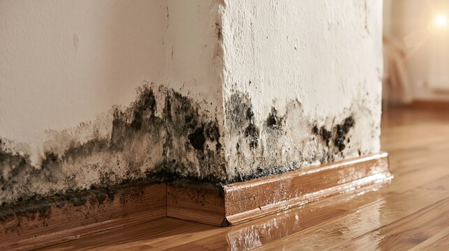 Severe black mold growing on a white wall corner and wooden floor, indicating extreme moisture damage and dampness