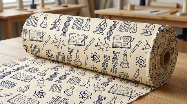 Roll of fabric with science lab doodle pattern on a wooden table in a workshop studio