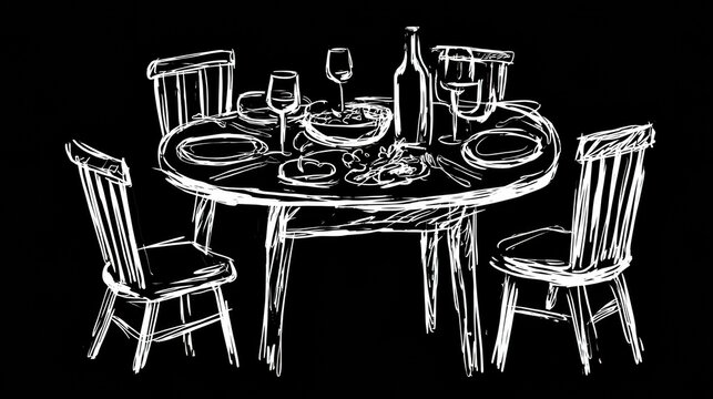 A hand-drawn doodle shows a simple table set with chairs, food, and drinks for a casual gathering during a festive time.