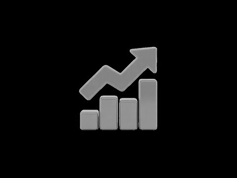 A sleek 3D metallic bar chart icon representing business growth on a black background