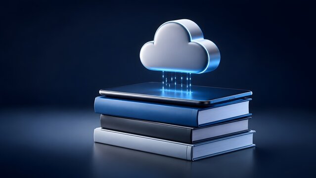 3D glowing cloud icon transferring data to a smart tablet on top of stacked books. Concept of digital library, online education, and e-learning technology.