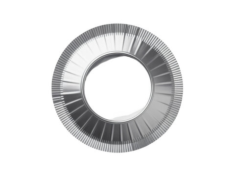 A shiny circular metal chimney flashing component isolated against a solid pitch black background