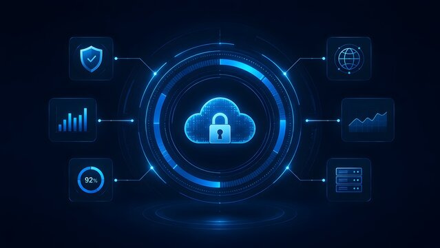 Digital cloud security dashboard with glowing padlock, data charts, and network icons. Concept of global cybersecurity, server monitoring, and data protection.