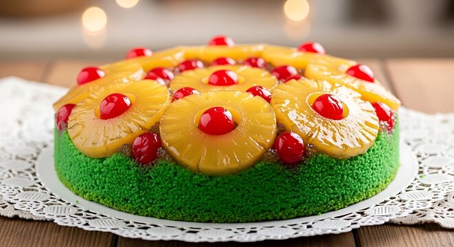 Vibrant Green Pineapple Upside Down Cake with Maraschino Cherries.
