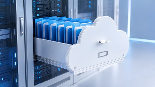 Cloud shaped drawer opening from a server rack to reveal blue digital file folders. Concept of cloud storage organization and data management.