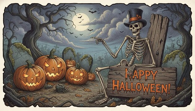 Halloween-themed illustration featuring a skeleton wearing a top hat sitting beside carved pumpkins in a spooky graveyard under a full moon with bats flying in the background