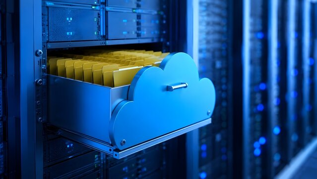 Cloud shaped filing cabinet drawer opening from a dark server rack, showing yellow document folders. Secure cloud data archiving and backup concept.
