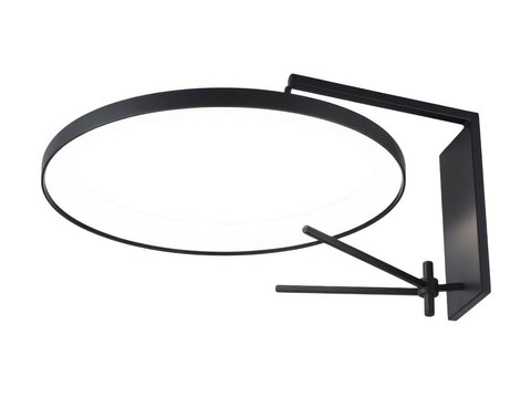 A minimalist circular black metal wall lamp featuring a bright glowing LED ring light