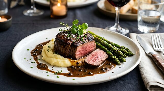 Tenderloin steak served with creamy mashed potatoes and asparagus in a fine dining restaurant