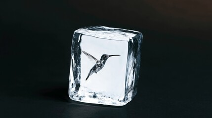 Fototapeta premium Hummingbird frozen in clear ice cube, preserving delicate life, a symbol of environmental fragility and conservation