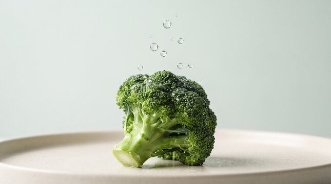 Fresh Broccoli with Suspended Water Droplets in Macro Close-Up