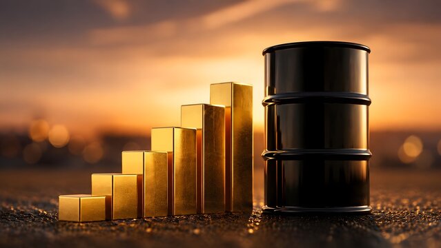 Black oil barrel next to a rising stack of golden blocks against a sunset background. Concept of increasing petroleum value and profitable energy market investment.