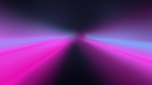 Cyan and magenta neon beams traveling through a dark corridor.