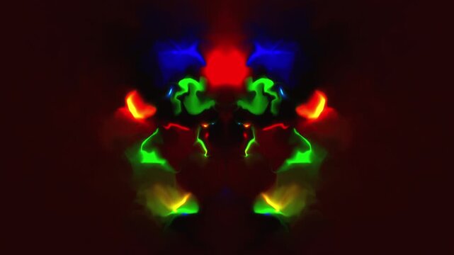 Rorschach inkblot mirror symmetry glows with vivid cyan and red energy in a dark 3D animation representing psychological complex
