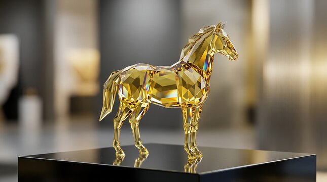 Golden horse sculpture reflecting light on dark pedestal