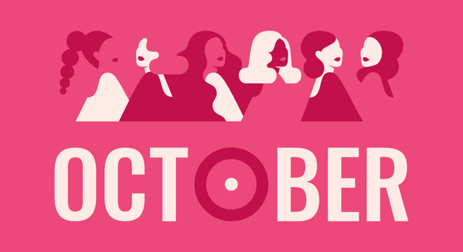 October Breast cancer awareness and prevention month pink banner with different abstract women. Concept of support females fighting oncological disease. Vector illustration.