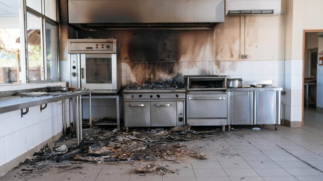 Abandoned commercial kitchen showing severe fire damage, blackened walls, destroyed appliances, and debris on floor