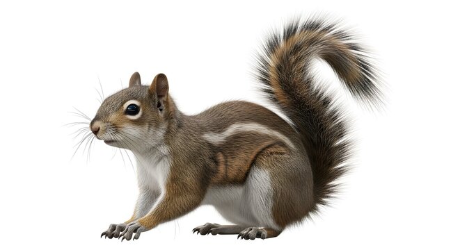 A detailed 3D illustration of a cute brown squirrel isolated on a clean white background showing fluffy tail and sharp claws for wildlife design projects