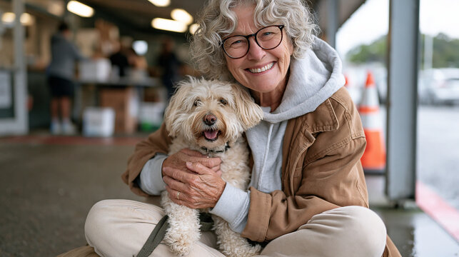 Elderly woman volunteer at a kids animal shelter sitting cross legged on a rain soaked sidewalk outside the facility, a small dog in her lap after a fitness walkathon fundraiser,