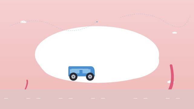 camper van driving through a flat landscape with clouds and leaves, coral sky
