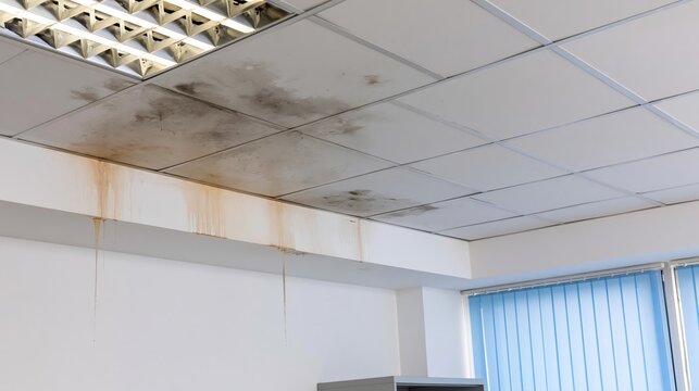 Water damage spreading on office ceiling, extensive brown and black stains from a severe leak
