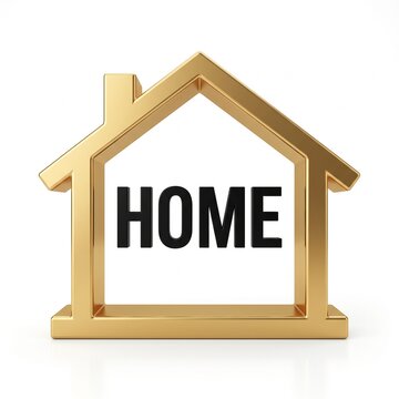 Golden 3D House Outline with HOME Text on White Background for Real Estate, Property Investment, Mortgage, Housing and Home Ownership Concept