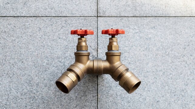 Brass fire department connection with red valve caps on a polished granite wall representing emergency safety system