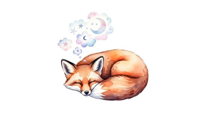Watercolor illustration of a cute sleeping fox curled up with dream clouds of stars and crescent moon isolated on white background