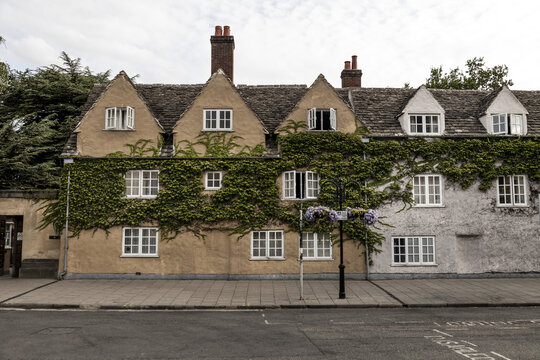 View of a historic ivy-covered building with stone walls and multiple windows along a quiet street in Oxford, England, United Kingdom.