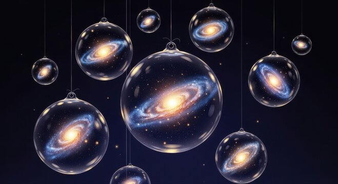 Numerous glass ornaments containing vibrant spiral galaxies and nebulae suspended against a dark starry background, evoking wonder.