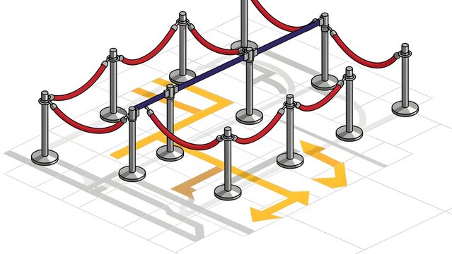 line control stanchions with red ropes and arrows guiding pedestrian queue for event management and crowd control in isometric perspective