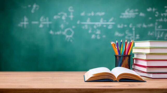 Open book on wooden desk with stack of books and colorful pencils, blurred chalkboard background, education concept