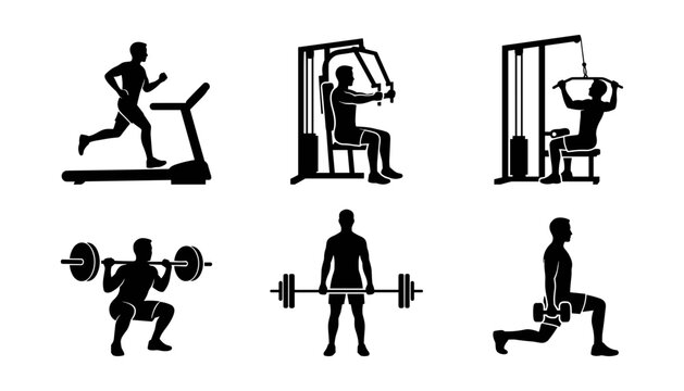 Set of gym workout icons featuring various strength training exercises and cardio equipment silhouettes