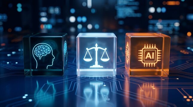 Digital ethics framework displaying glowing glass cubes with legal justice scale brain and processor icons