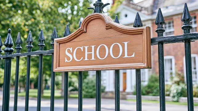 School sign welcoming students to traditional academic institution, education building entrance through metal gates