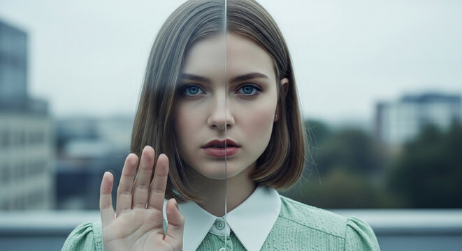 Close-up portrait of a young woman with blue eyes, her face split by a vertical line, symbolizing duality or introspection, set against an urban background