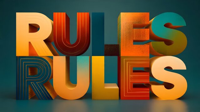 3D render of the word rules in colorful bold typography with vibrant shades and modern design for business concepts and regulation themes