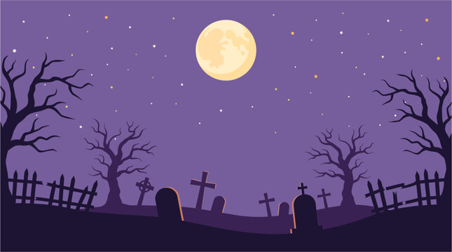 A spooky and atmospheric halloween graveyard scene under a full moon with silhouetted trees and a picket fence perfect for festive designs and decorations