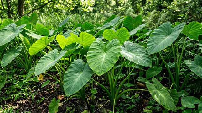 Lush green taro leaves growing in a tropical forest environment with soft natural sunlight filtering through trees
