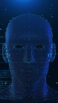 Animated digital AI head with code overlay and tech
