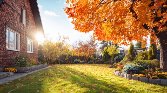 Residential backyard featuring a brick house and a garden with colorful autumn foliage under bright afternoon sun