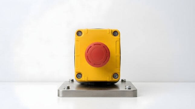 Yellow industrial emergency stop button mounted on metal base