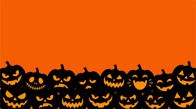A spooky and delightful halloween background featuring a collection of carved pumpkins with varying expressions perfect for seasonal decorations and festive designs