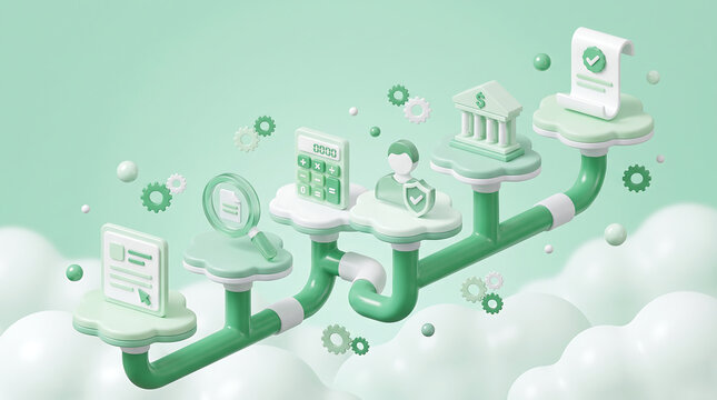 3D illustration of automated financial approval process pipeline featuring document review calculator identity verification bank and approved status certificate on clouds