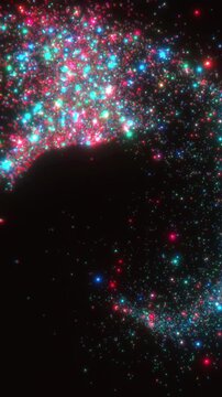 Vertical glitching particle stream disperses through dark space in a 3D animation visualising cognitive chaos and sensory overload