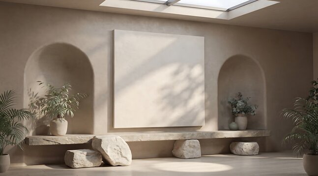 Minimalist interior design with natural light and plants.