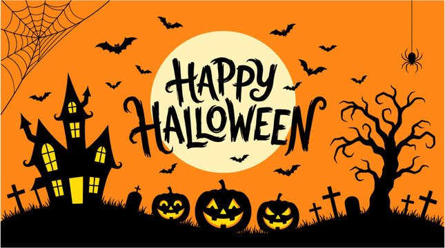 A spooky and delightful halloween scene with a haunted house bats jack o' lanterns and a full moon perfect for festive celebrations and decorations
