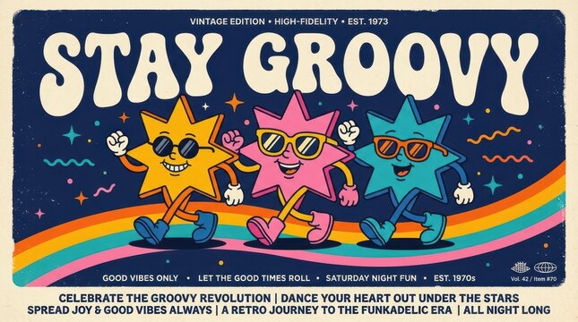 Retro Stay Groovy Vintage Poster with Cartoon Stars Wearing Sunglasses on a Rainbow Background