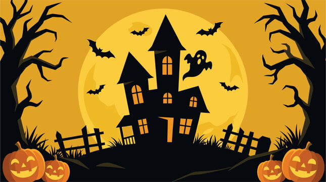 A spooky halloween night scene featuring a haunted house silhouetted bats a glowing moon and jack o' lanterns in a creepy landscape